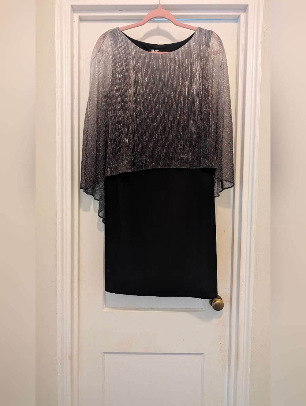 SLNY Black Pencil Dress with Metallic Overlay